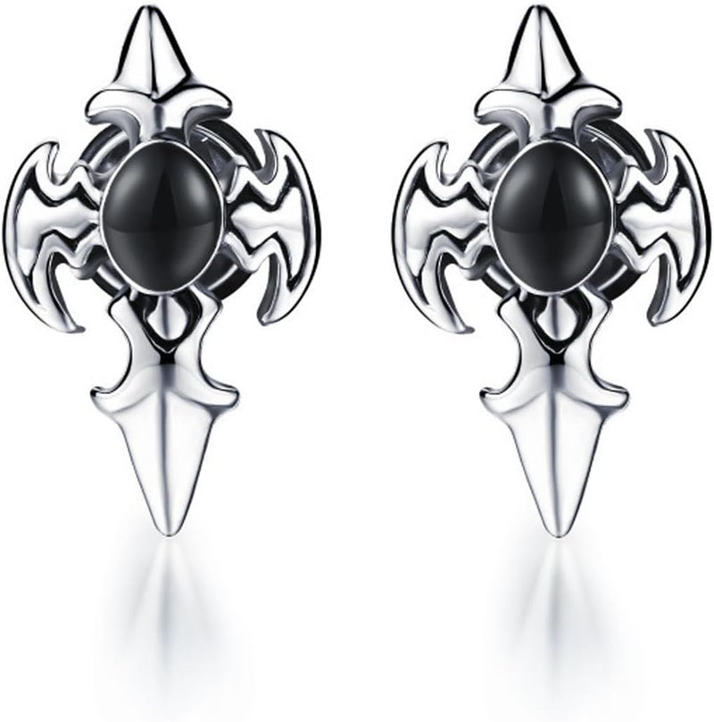 Silver deer Store 2025 Upgraded Hypoallergenic earrings for men,Mens surgical steel black stud earring jewelry,Great Wall wall grain round cake shape,Single black gel 0.4 inches wide - Image 1